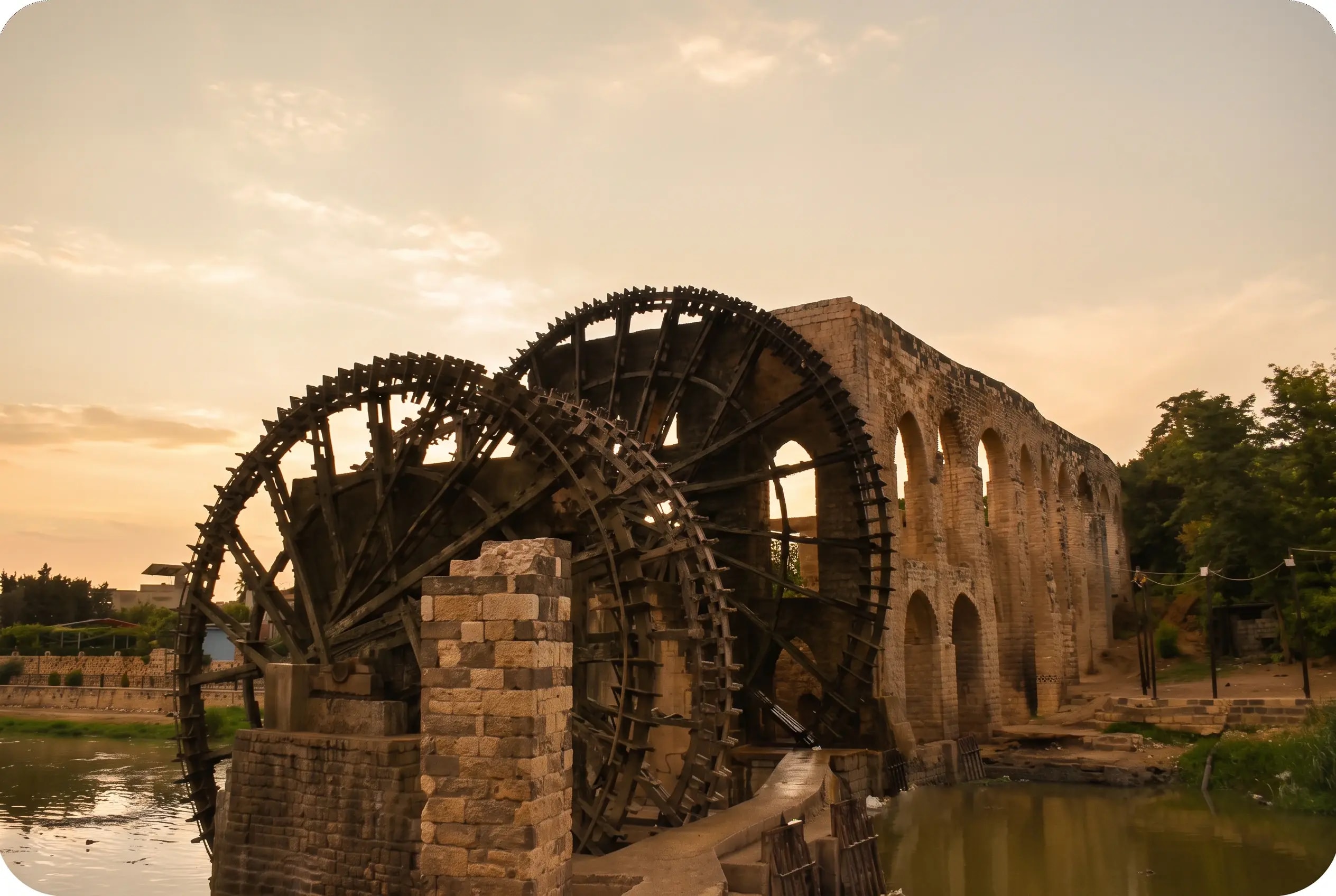 ناعورة خشبية ضخمة على نهر العاصي في مدينة حماة، صورة توضيحية